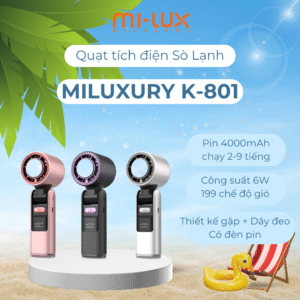 Quạt tích điện cầm tay gập 90 độ, làm mát "sò lạnh" siêu tốc MILUXURY K801, pin 4000mAh dùng liên tục 2-7 tiếng, 199 cấp độ gió